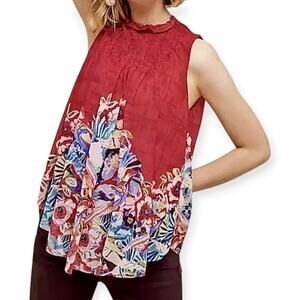 Anthropologie Deletta | S | Dominica Red Floral Fauna Chiffon Smock Swing Top